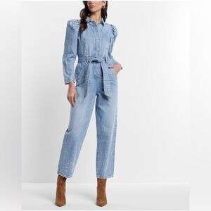 NWT Puff Sleeve Tie Waist Medium Wash Denim Jumpsuit - Gray - Size 10